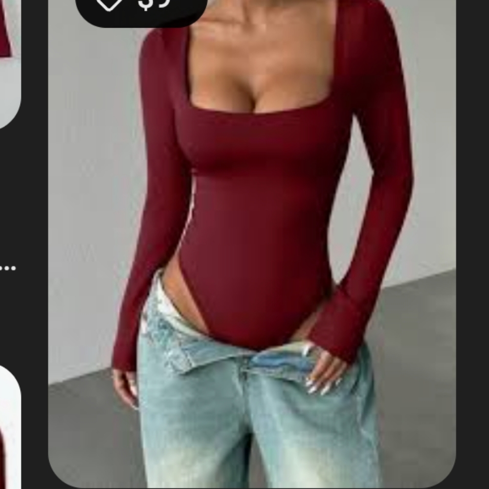 pinkmstyle bodysuit deep red with square neckline and sheer long sleeves.  Corse